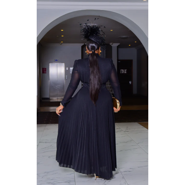 Satin A Line Long Sleeve Pleated High-neck Maxi Dress