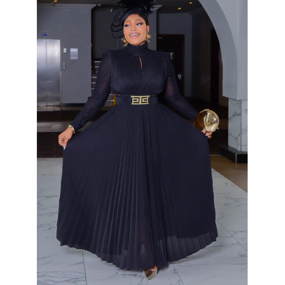 Satin A Line Long Sleeve Pleated High-neck Maxi Dress