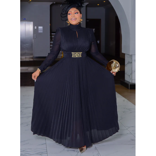 Satin A Line Long Sleeve Pleated High-neck Maxi Dress