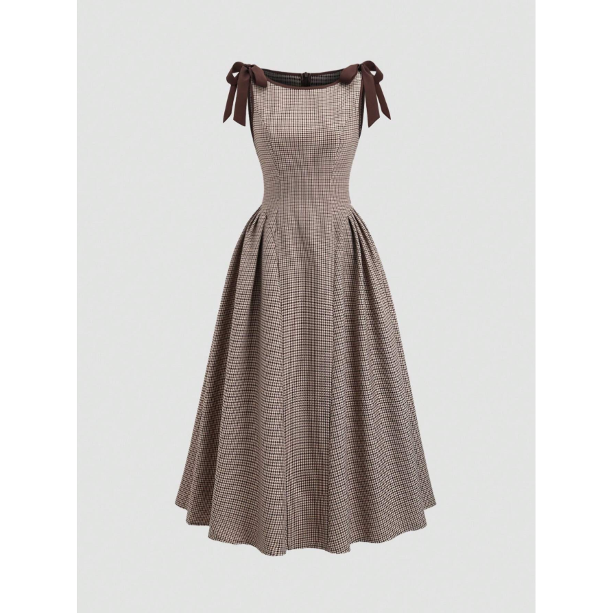 Retro Houndstooth Contrast Tie Bowknot Waist Slim Fit Suspender Skater Dress