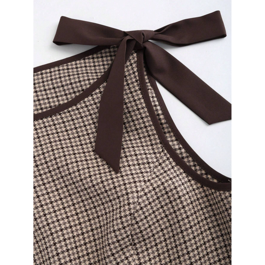 Retro Houndstooth Contrast Tie Bowknot Waist Slim Fit Suspender Skater Dress