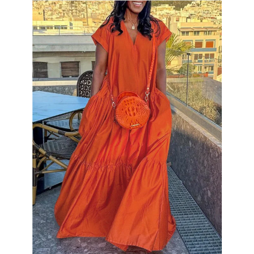 Short Sleeves Pleated V-Neck Maxi Dress