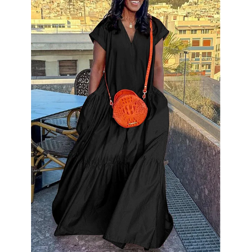 Short Sleeves Pleated V-Neck Maxi Dress