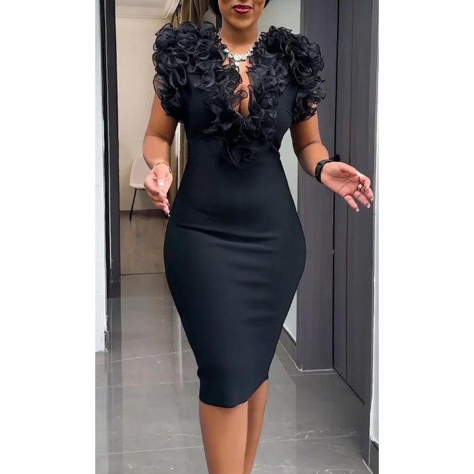 Ruffle V Neck Sleeveless Bodycon Midi Dress