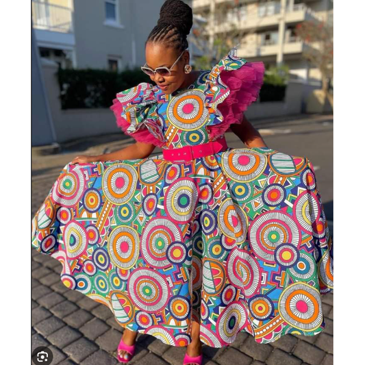 Traditional Lace Shoulder Multi Color African Print Dress