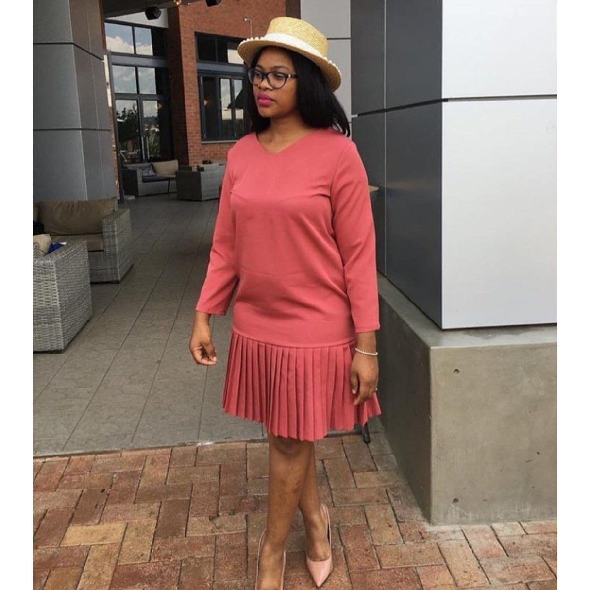 V-Neck Mini Knit Sweater Dress