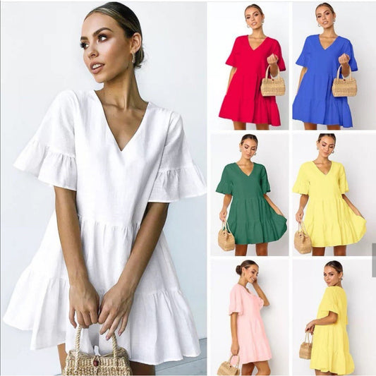 Deep V-Neck Short Sleeve Mini Dress.