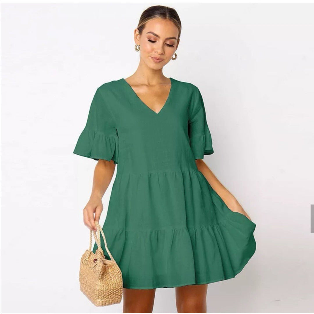 Deep V-Neck Short Sleeve Mini Dress.
