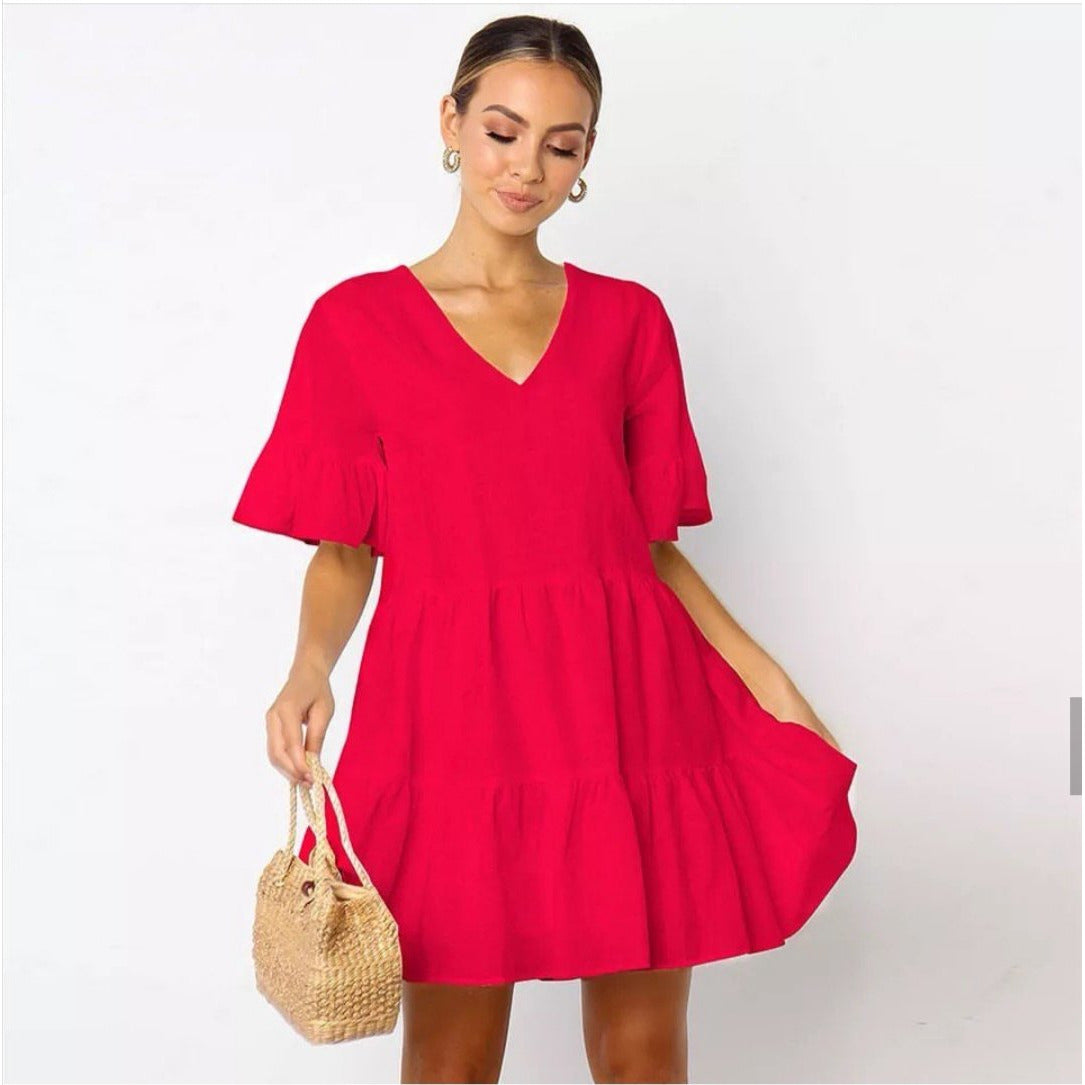 Deep V-Neck Short Sleeve Mini Dress.