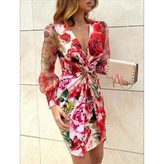 Deep V-Neck Floral Dress 