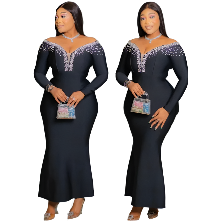 Sexy Diamond V-Neck Sheer Long Sleeve Tight-Fitting Hem Bodycon Dress