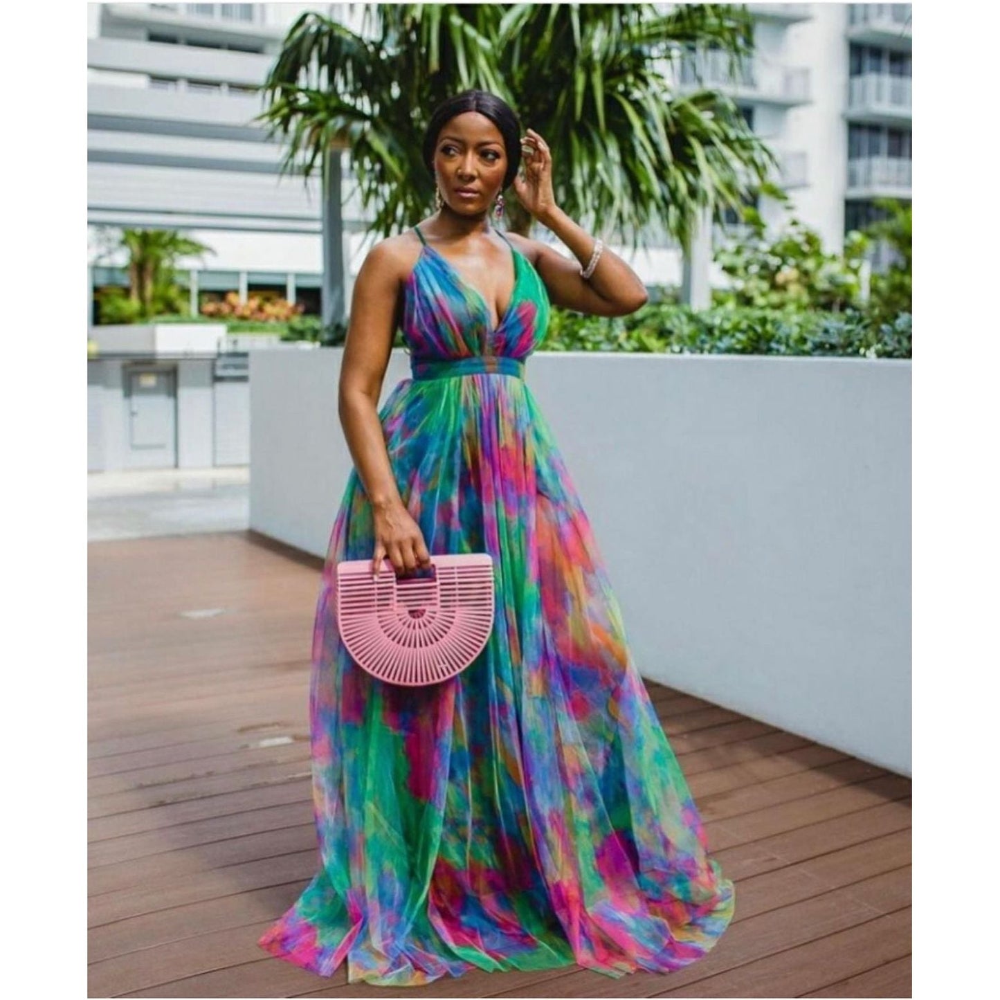 Sexy Print Tie Dye Backless V Neck Dress