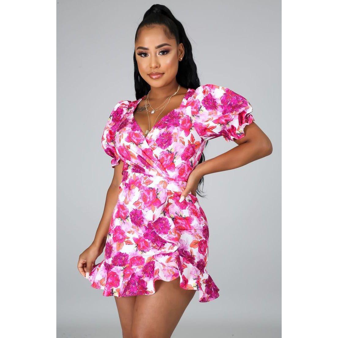 Floral Print V-Neck Short Sleeve Summer Dress