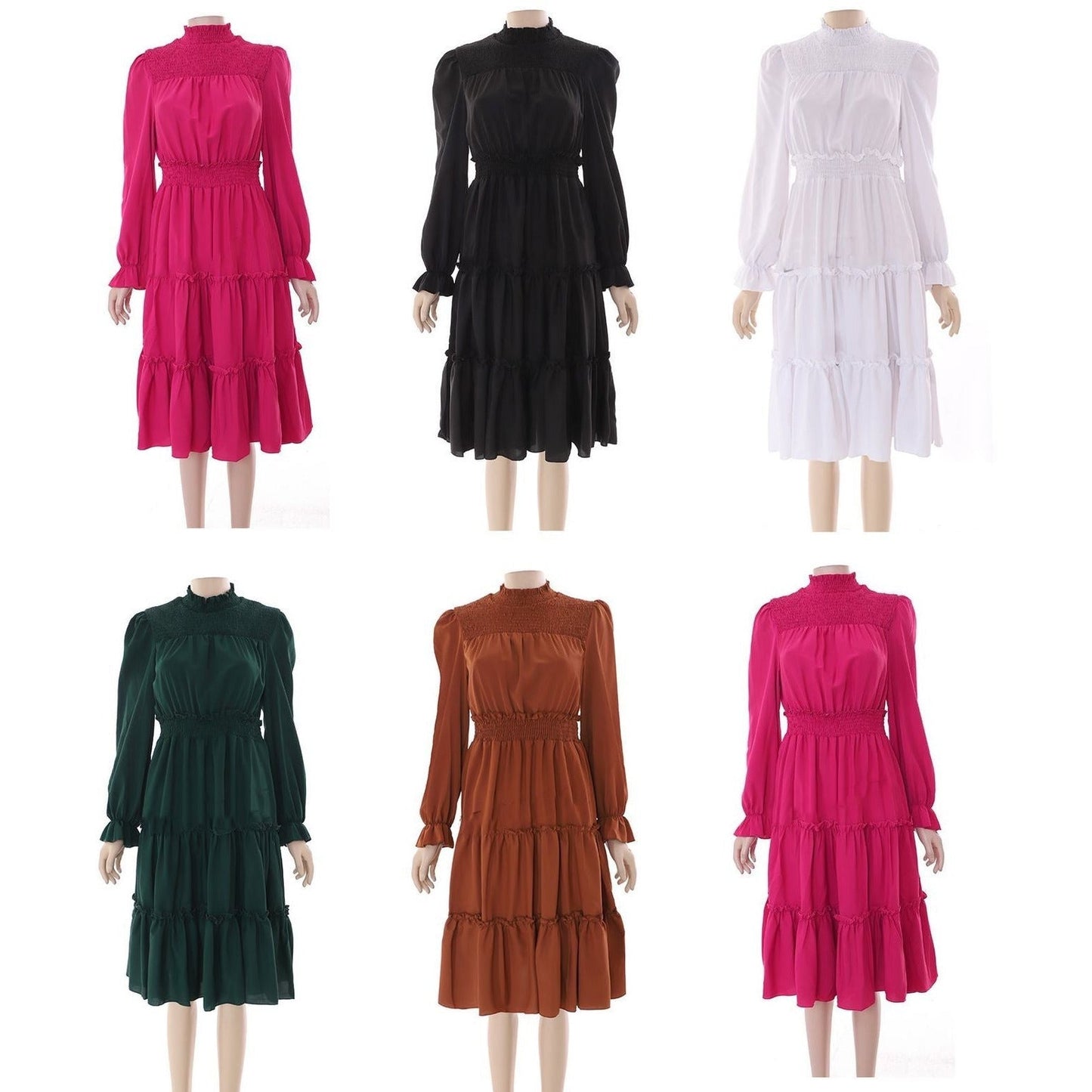 Pleated Long Sleeve Stand Collar Dress