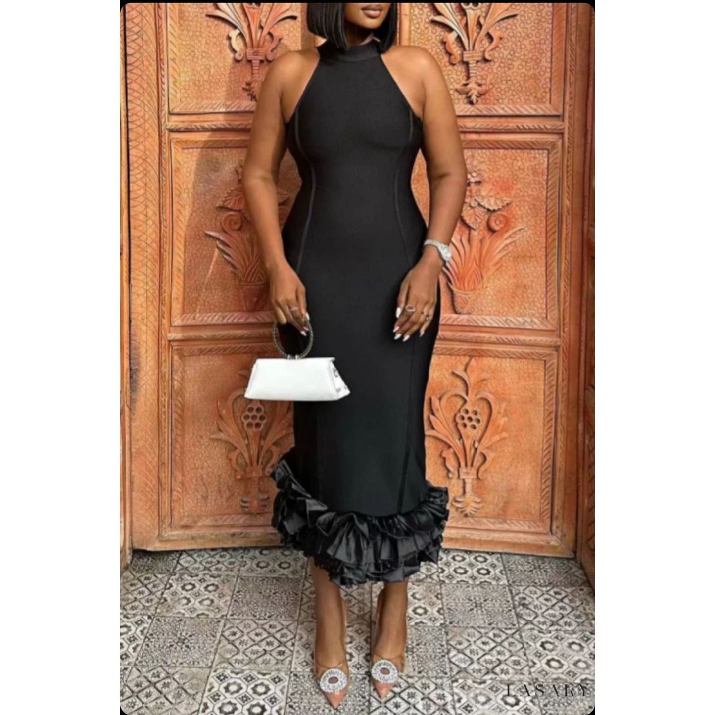 Half-Turtleneck Ruffle Detailed Bodycon Dress