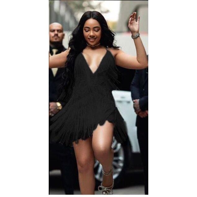 Fringe Detailed V-Neck Mini Dress