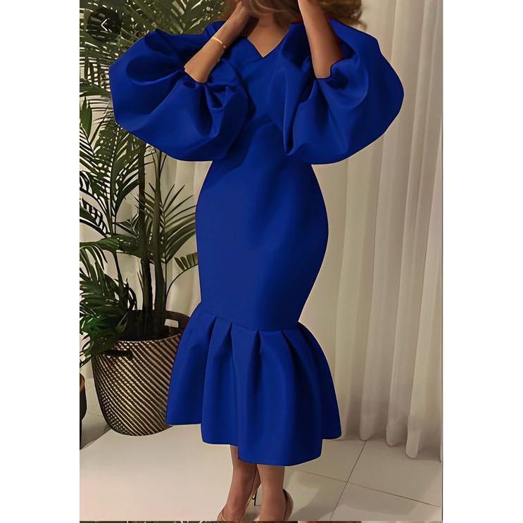 V-Neck Puff Long-sleeve Bodycon Dress