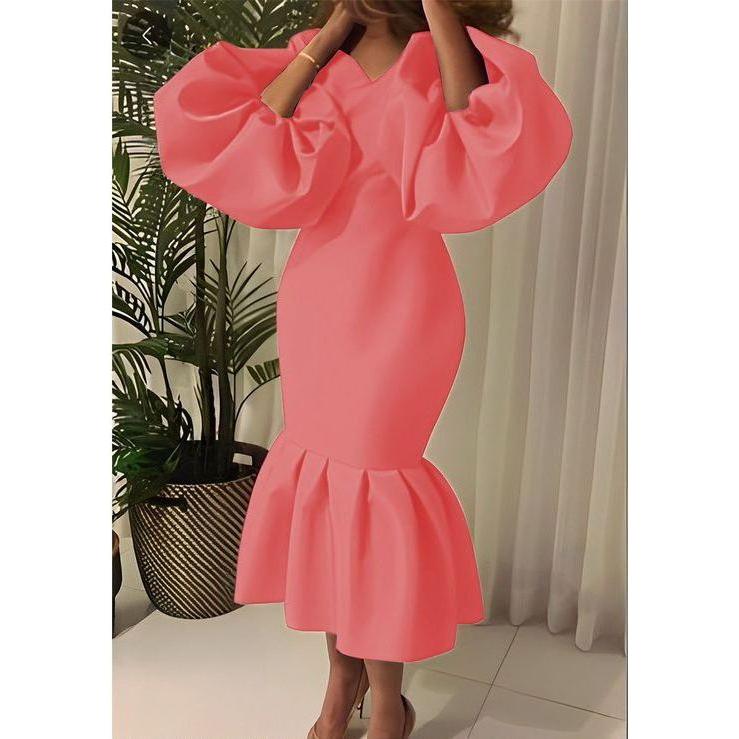V-Neck Puff Long-sleeve Bodycon Dress