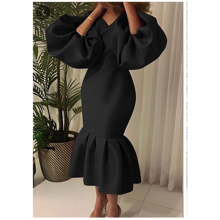 V-Neck Puff Long-sleeve Bodycon Dress