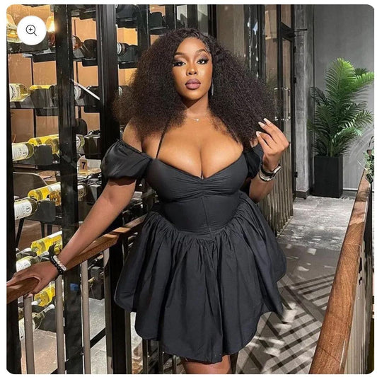 Off Shoulder Short Puff Sleeve Mini Dress