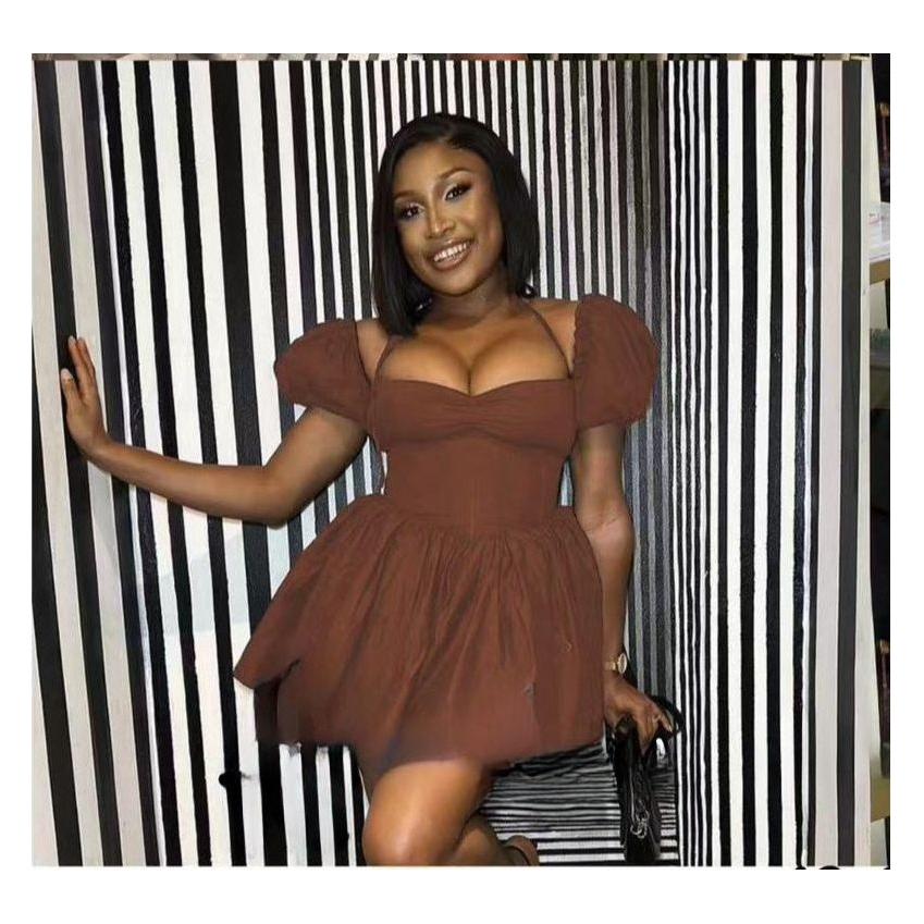 Off Shoulder Short Puff Sleeve Mini Dress