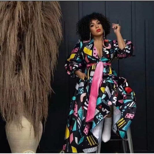 Plus Size Black All Over Print Lantern Sleeve Satin Dress