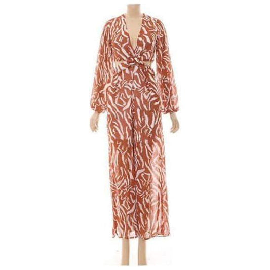 V-Neck Long Sleeve Tie Waist Floral Print Casual Dress.