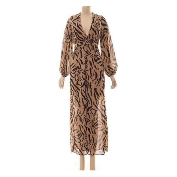 V-Neck Long Sleeve Tie Waist Floral Print Casual Dress.