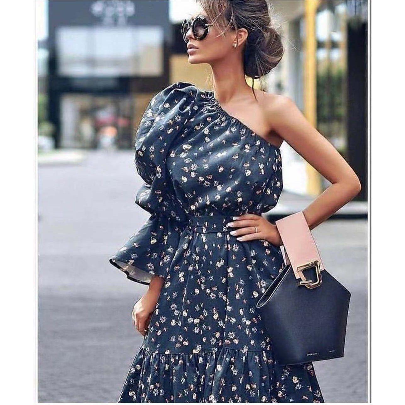 Floral Print One Shoulder Belted Dress.