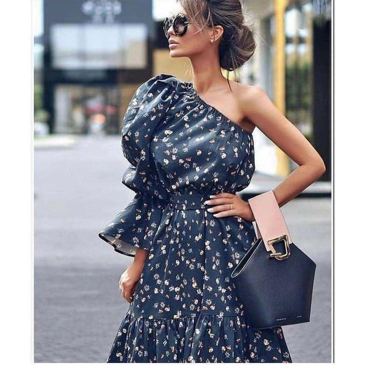 Floral Print One Shoulder Belted Dress.