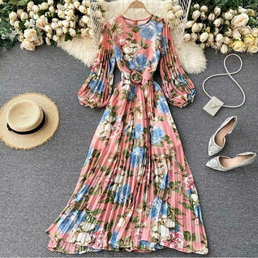 Long-sleeved Spring Summer Fashion Printing Belted Dress.