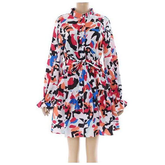 Print Lantern Sleeve Fold Pleat Curved Hem Dress.