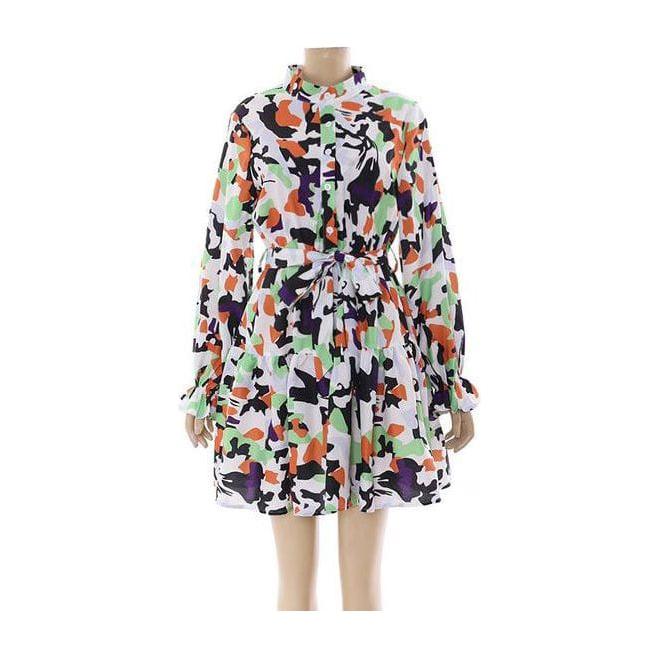 Print Lantern Sleeve Fold Pleat Curved Hem Dress.