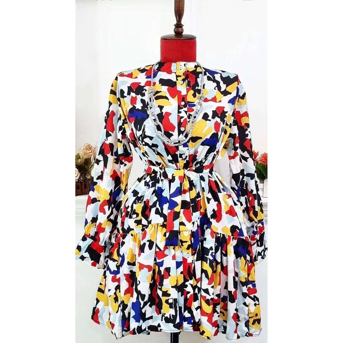 Print Lantern Sleeve Fold Pleat Curved Hem Dress.