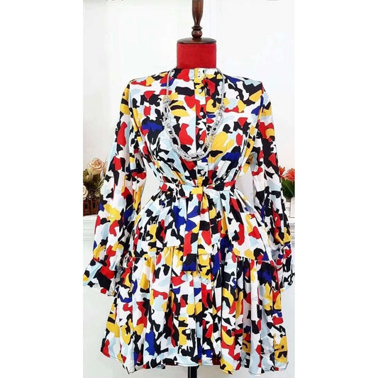 Print Lantern Sleeve Fold Pleat Curved Hem Dress.