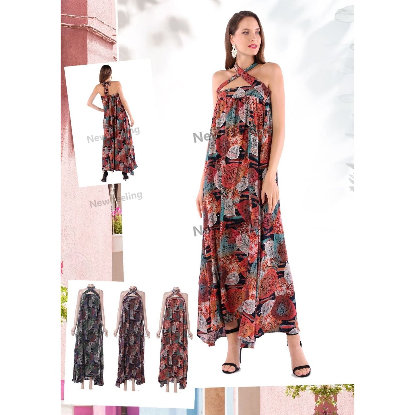 Floral Print Halter Neck Maxi Dress.