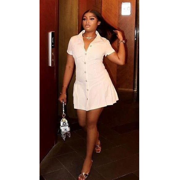 Button Detailed Short Sleeve Mini Dress.