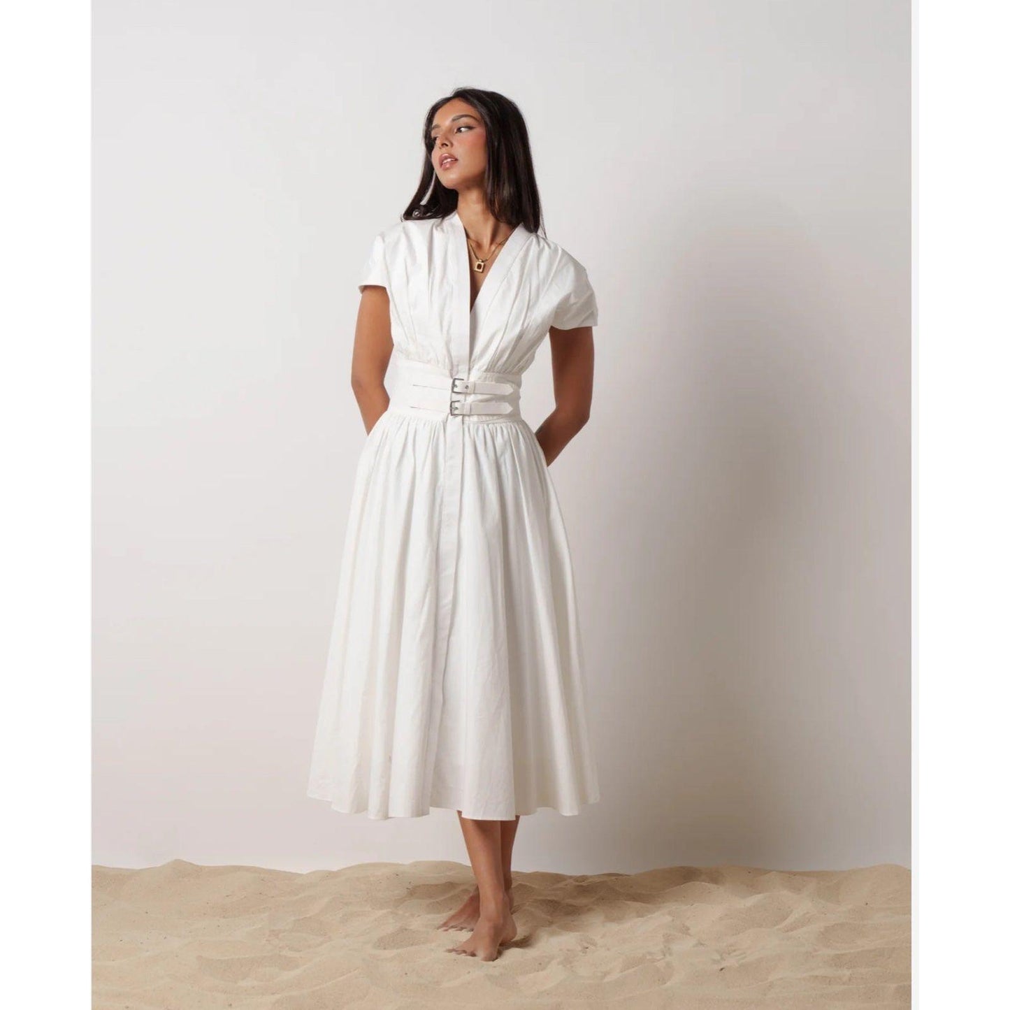 Pleated Waist Belt Flying Sleeve Office Street Dress.