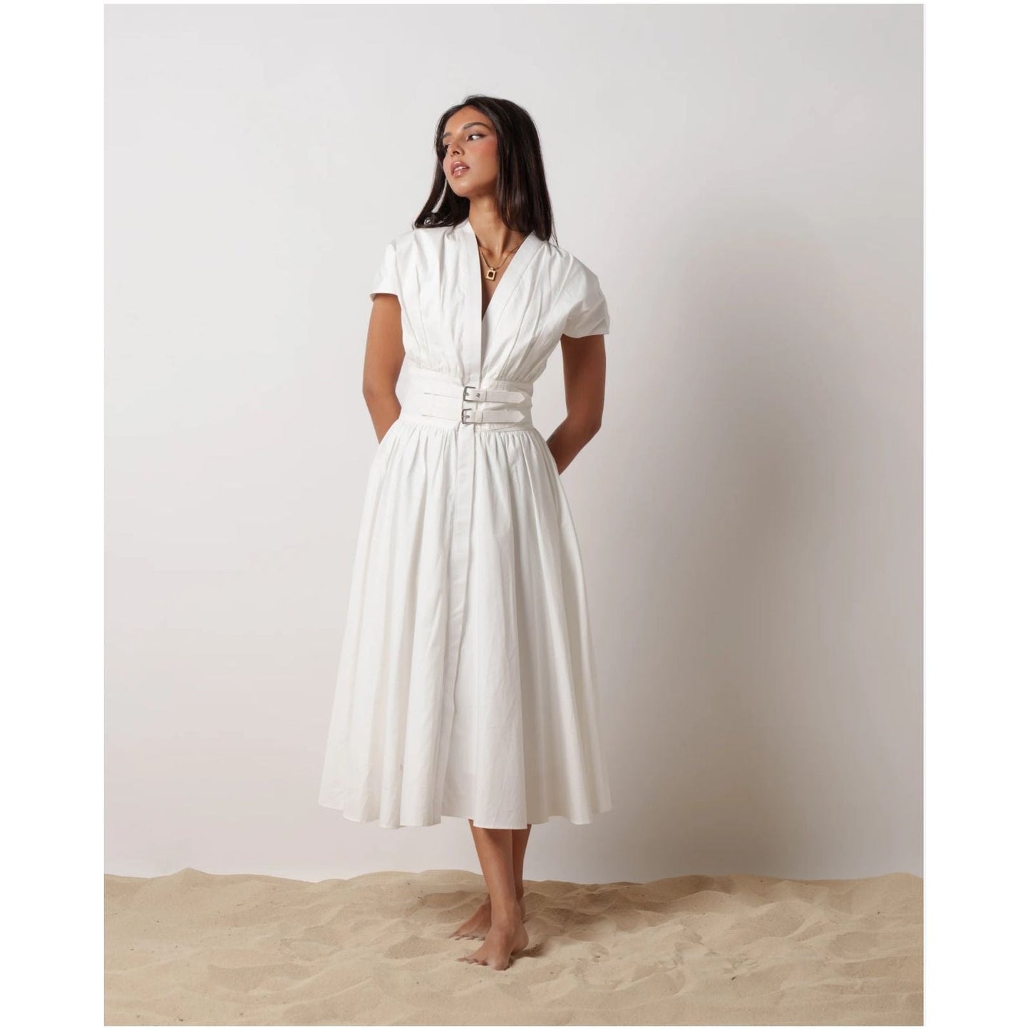 Pleated Waist Belt Flying Sleeve Office Street Dress.