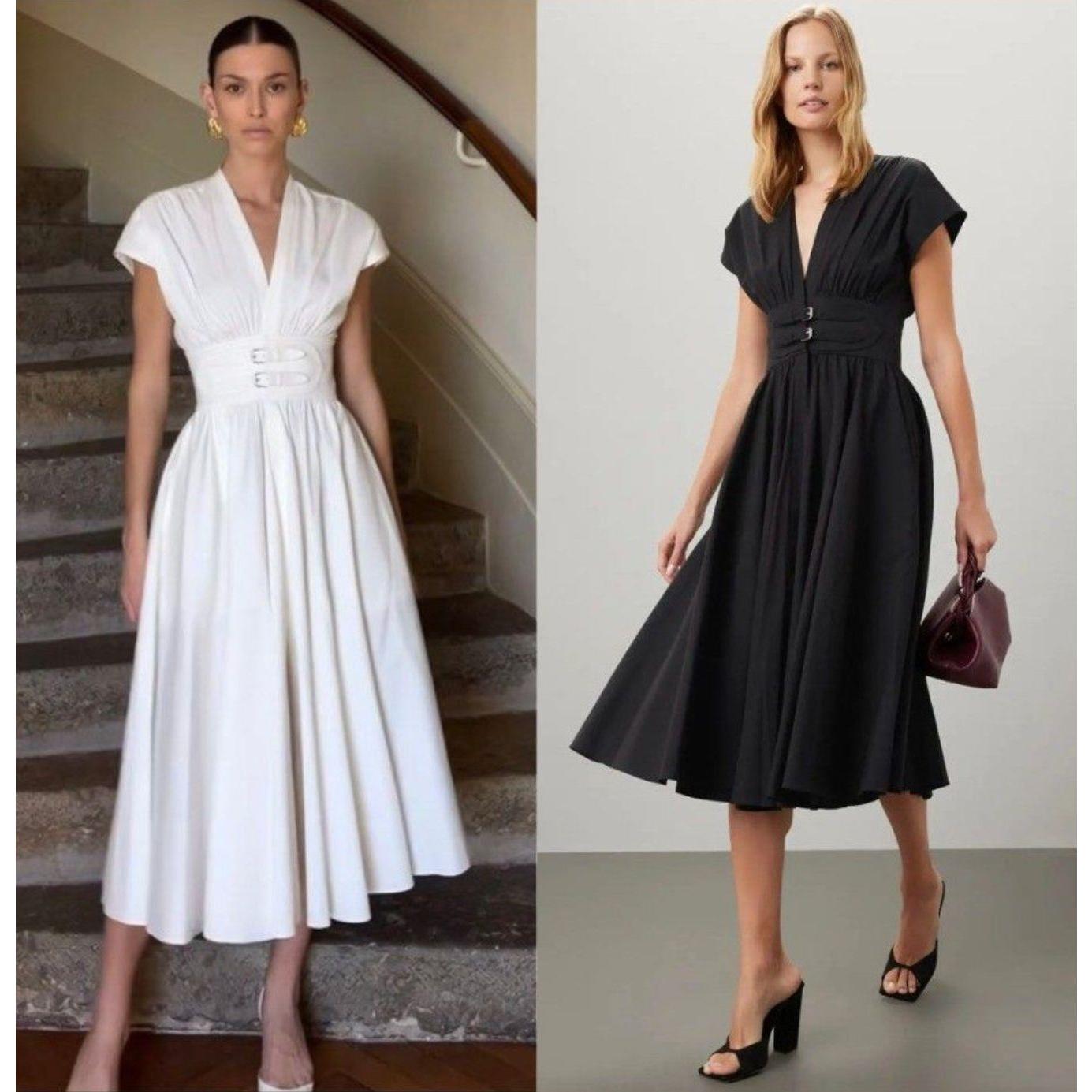 Pleated Waist Belt Flying Sleeve Office Street Dress.