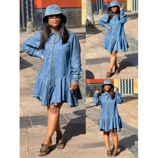 Ruffle Hem Knee Length Denim Dress.