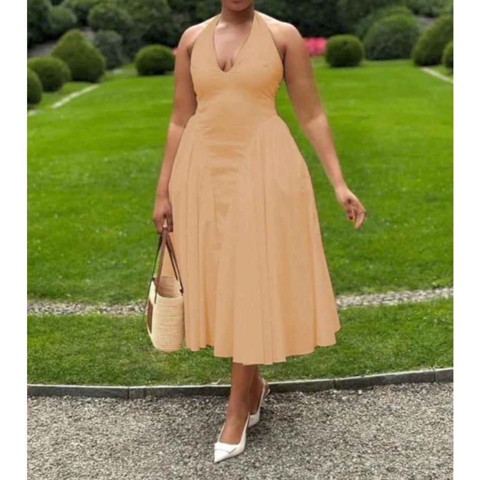 V-Neck Halter Backless Pleated A-Line Maxi Dress.