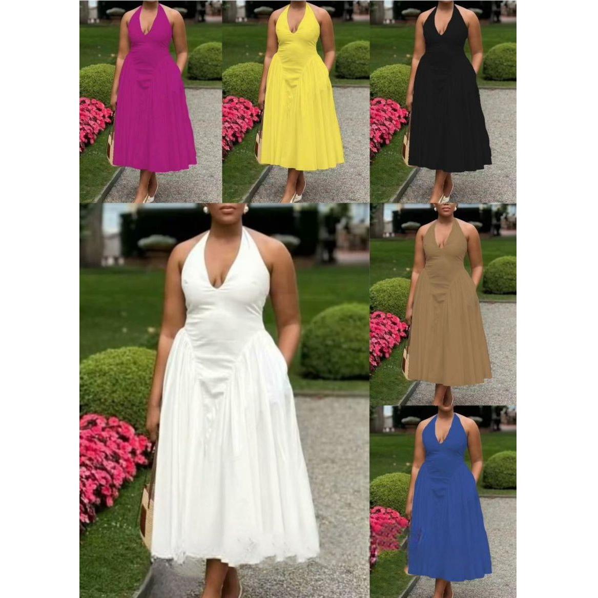 V-Neck Halter Backless Pleated A-Line Maxi Dress.