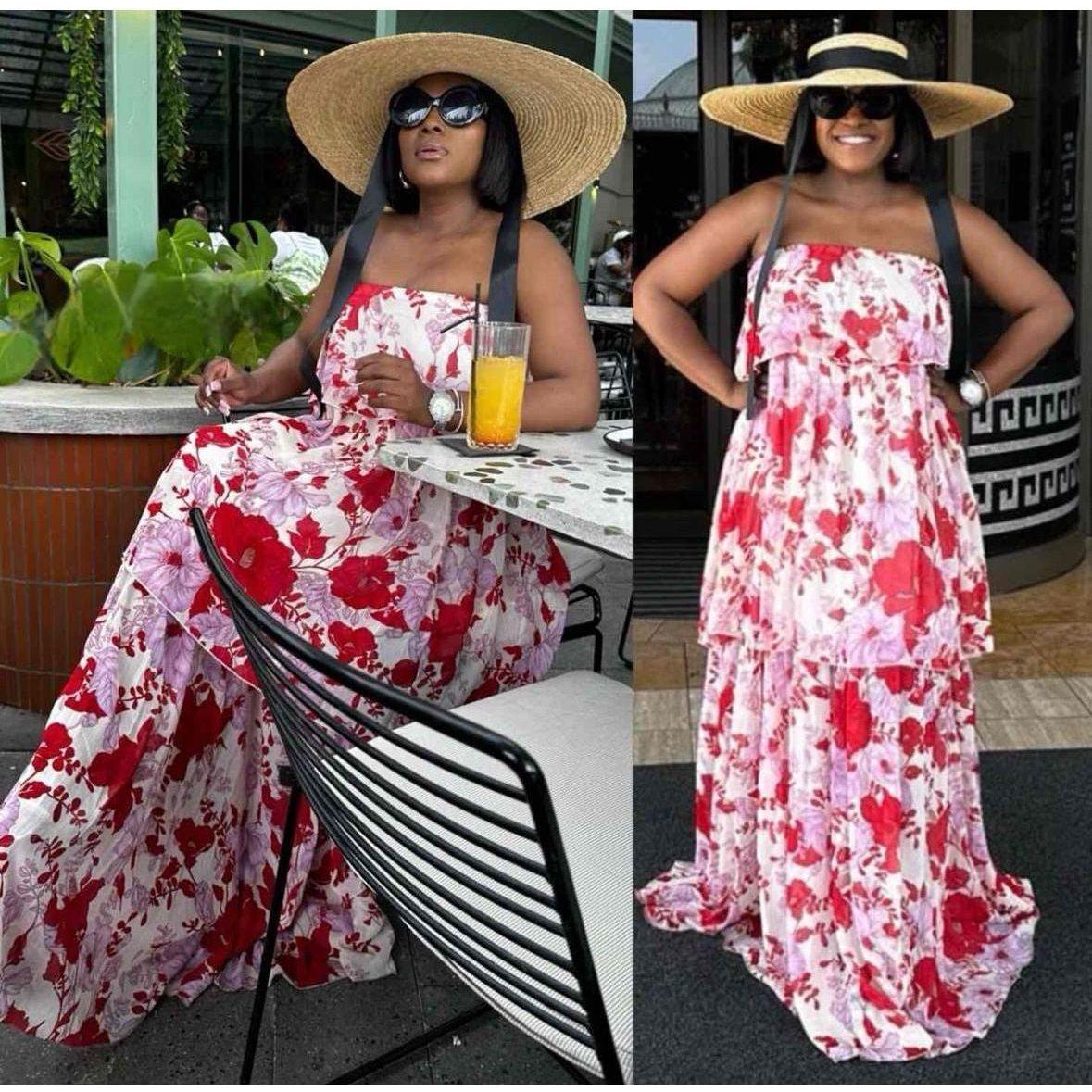 Floral Off-shoulder Pleated Maxi Dress.