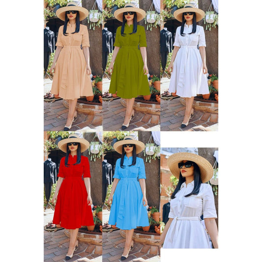 Short Sleeve Front Buttoned Midi Dress.