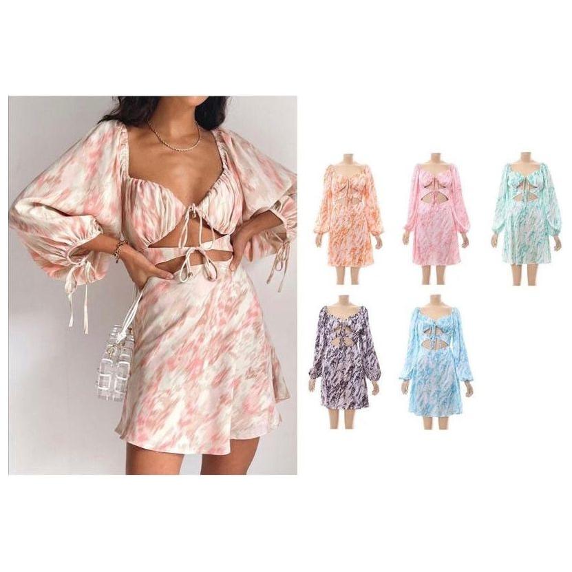 Ruffle Long Sleeve Crop Top Lace up Dress.