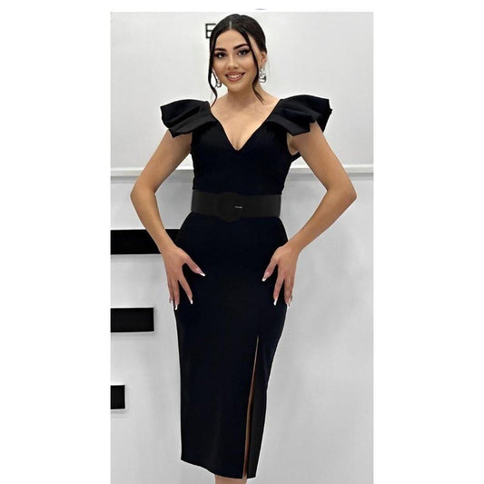 Poplin Puff Sleeve Slit Bodycon Dress.