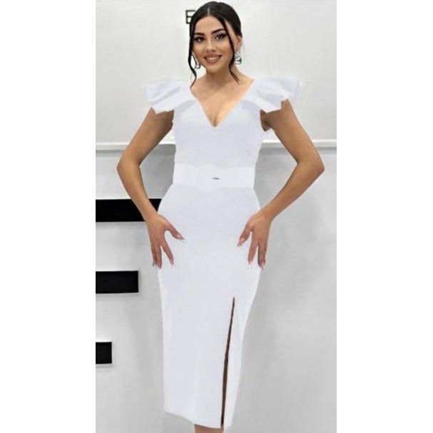 Poplin Puff Sleeve Slit Bodycon Dress.