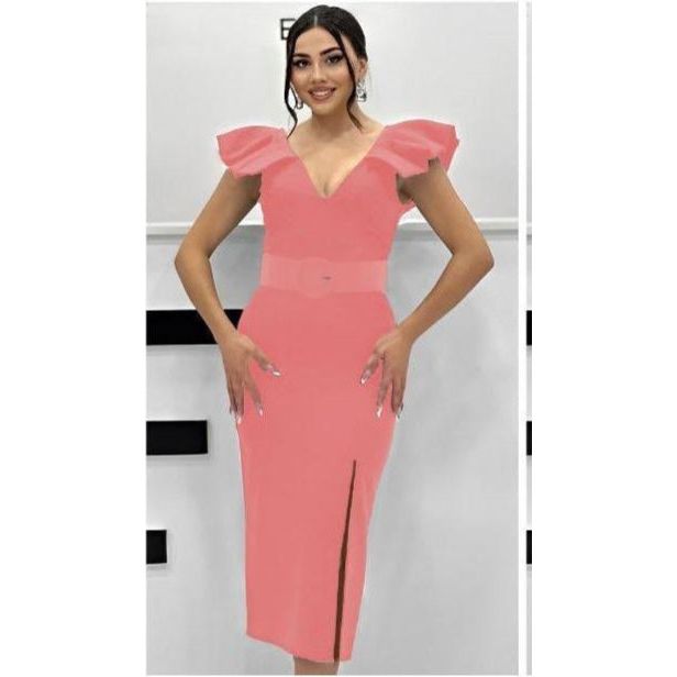 Poplin Puff Sleeve Slit Bodycon Dress.