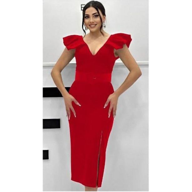 Poplin Puff Sleeve Slit Bodycon Dress.